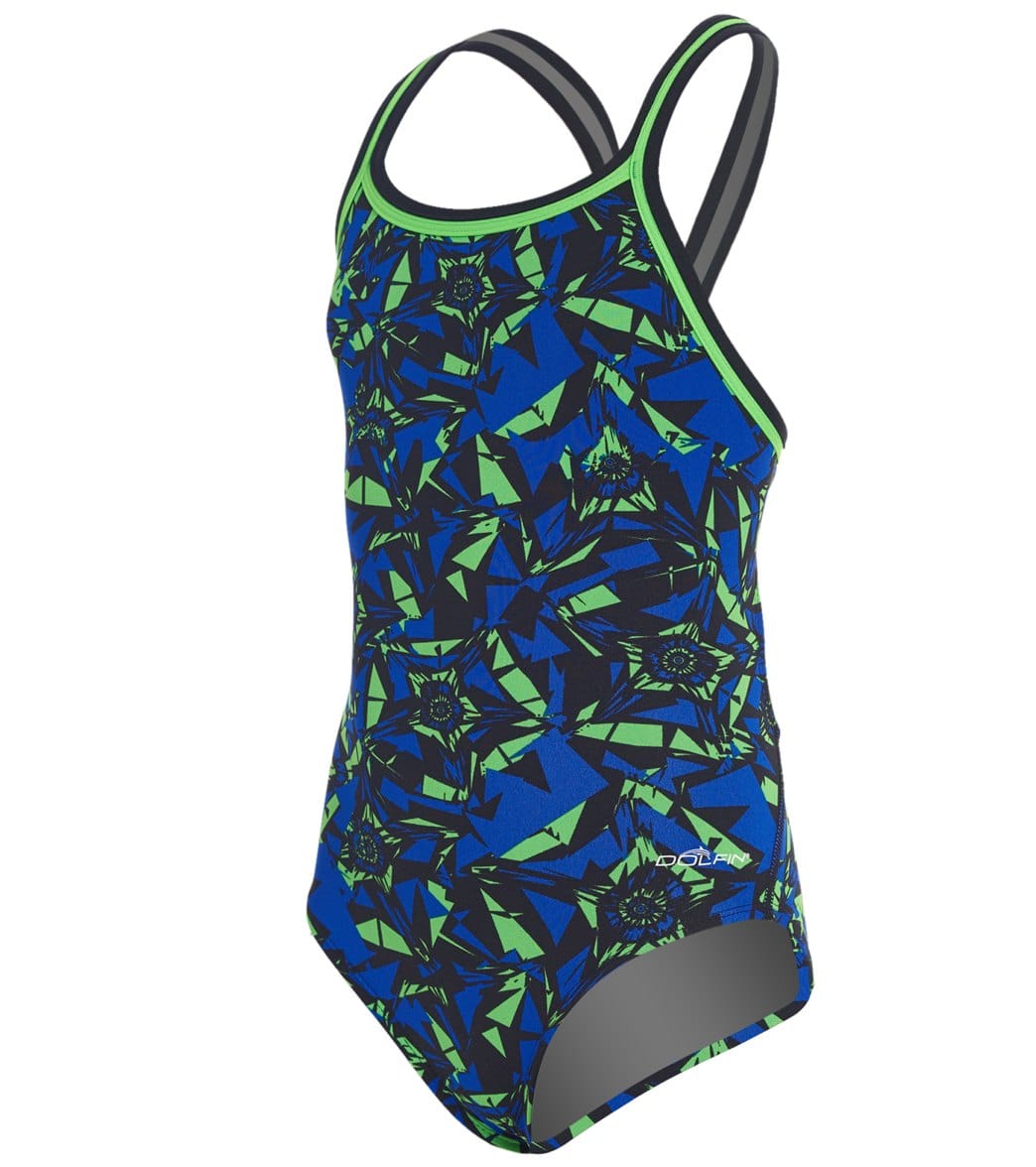 Dolfin Girls' Reliance Ion Dbx V-Back One Piece Swimsuit - Blue/Green 22 Polyester - Swimoutlet.com