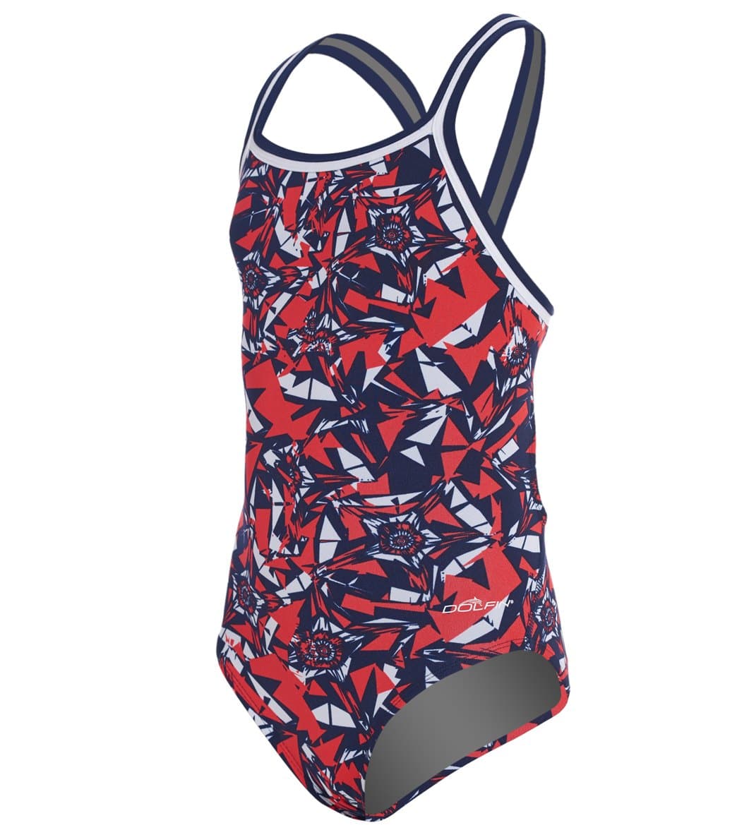 Dolfin Girls' Reliance Ion Dbx V-Back One Piece Swimsuit - Red/White/Blue 24 Polyester - Swimoutlet.com