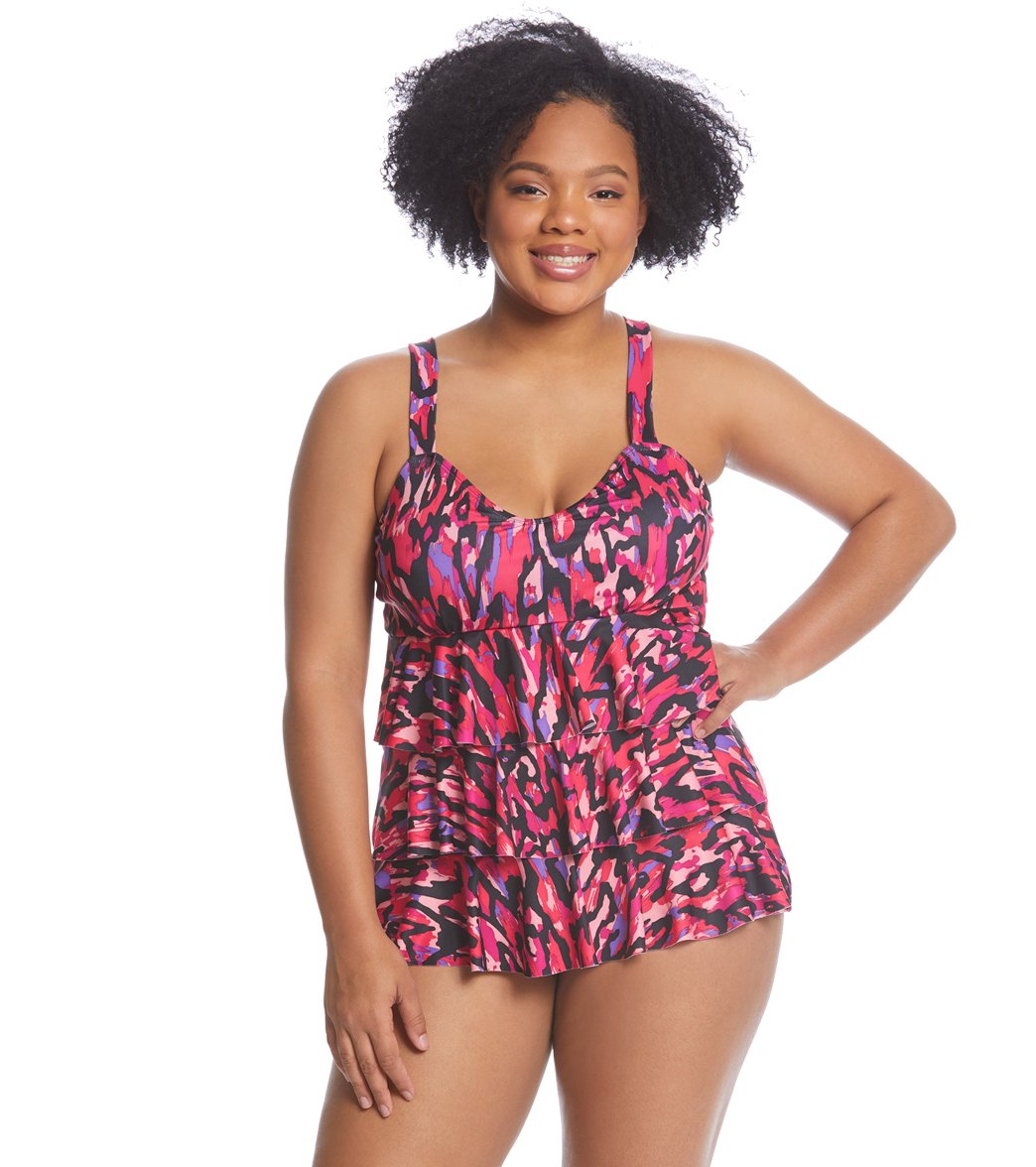 Dolfin Aquashape Womens Plus Size Ikat Ruffle Tier One Piece Swimsuit