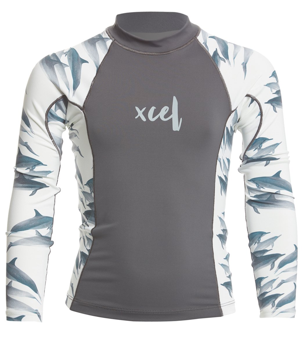 Xcel Girls' Ocean Ramsey Long Sleeve Rashguard - Gunmetal/Dolphin 10 - Swimoutlet.com