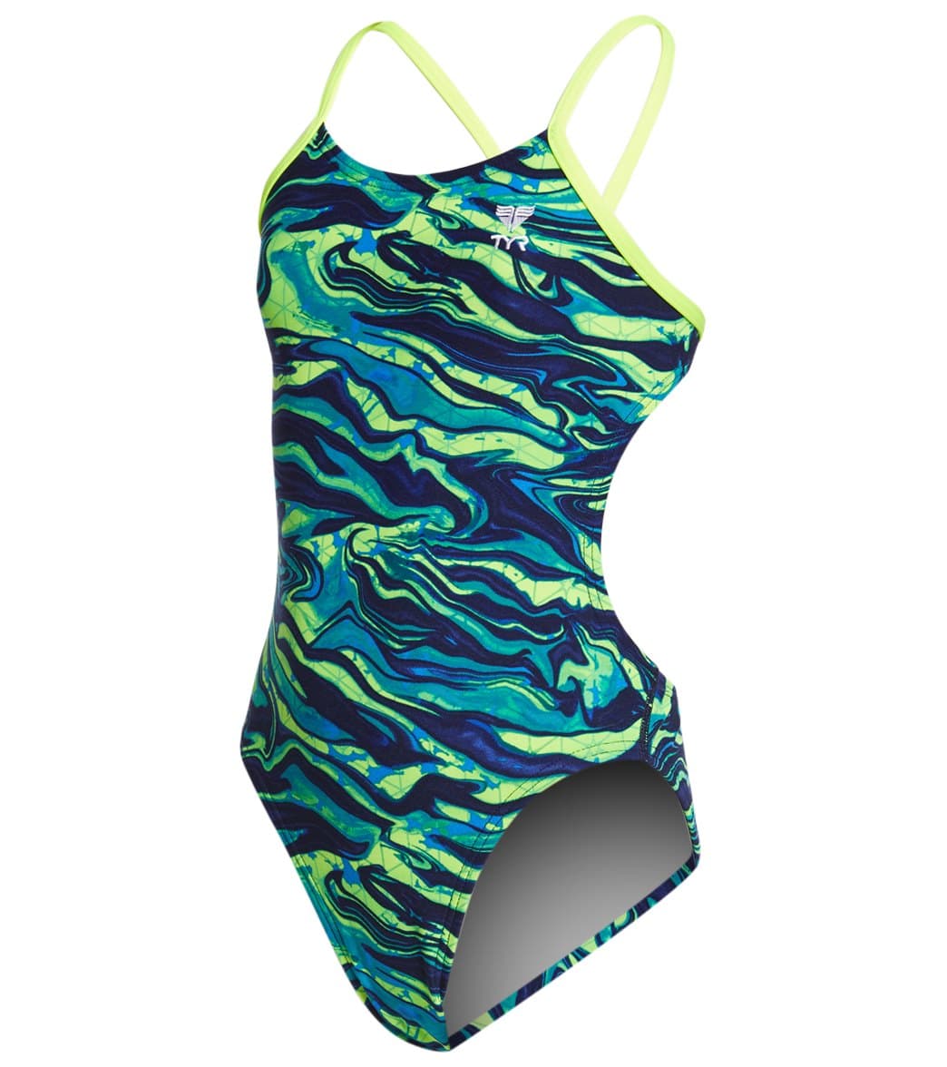 TYR Girls' Miramar Cutoutfit One Piece Swimsuit - Blue/Green 22 Polyester/Spandex - Swimoutlet.com