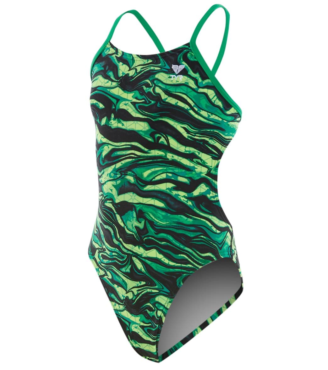 TYR Girls' Miramar Cutoutfit One Piece Swimsuit - Green 22 Polyester/Spandex - Swimoutlet.com