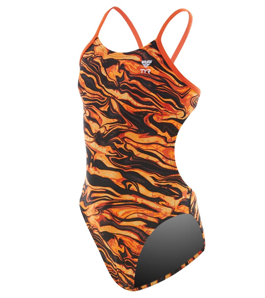 TYR Girls' Miramar Cutoutfit One Piece Swimsuit - Black/Orange 22 Polyester/Spandex - Swimoutlet.com