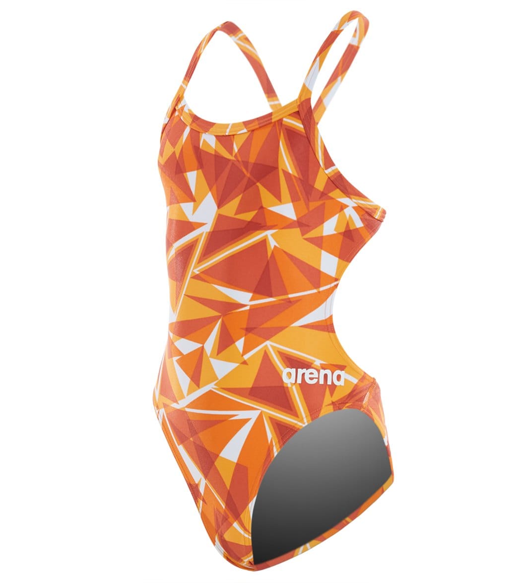 Arena Girls' Shattered Glass Challenge Maxlife Thin Strap Open Back One Piece Swimsuit - Orange 22 Polyester/Pbt - Swimoutlet.com