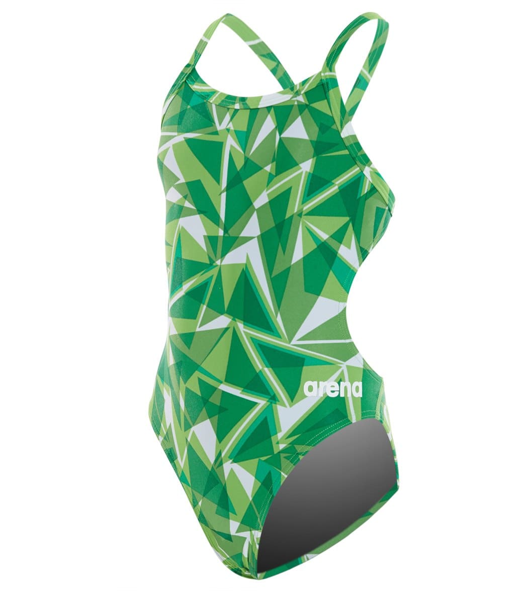 Arena Girls' Shattered Glass Challenge Maxlife Thin Strap Open Back One Piece Swimsuit - Kelly Green 22 Polyester/Pbt - Swimoutlet.com