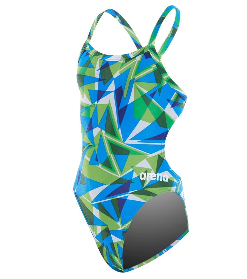 Arena Girls' Shattered Glass Challenge Maxlife Thin Strap Open Back One Piece Swimsuit - Green/Blue 22 Polyester/Pbt - Swimoutlet.com