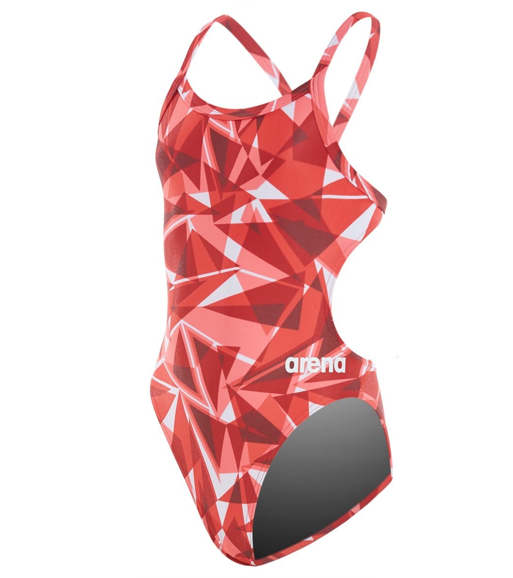 Arena Girls' Shattered Glass Challenge Maxlife Thin Strap Open Back One Piece Swimsuit - Fluo Red 22 Polyester/Pbt - Swimoutlet.com