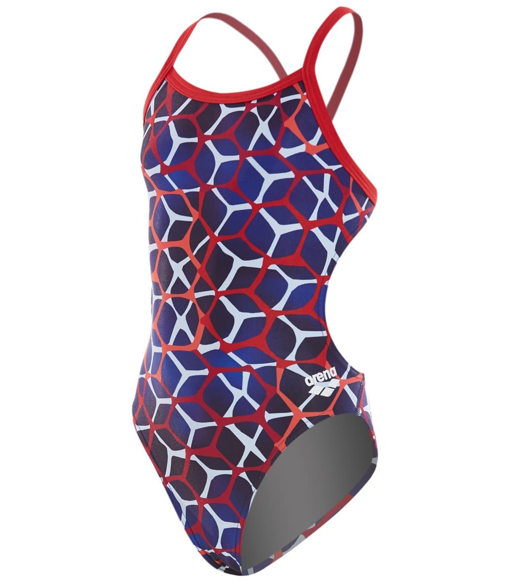 Arena Girls' Carbonics Ii Challenge Maxlife Thin Strap Open Back One Piece Swimsuit - Navy/Red 22 Polyester/Pbt - Swimoutlet.com