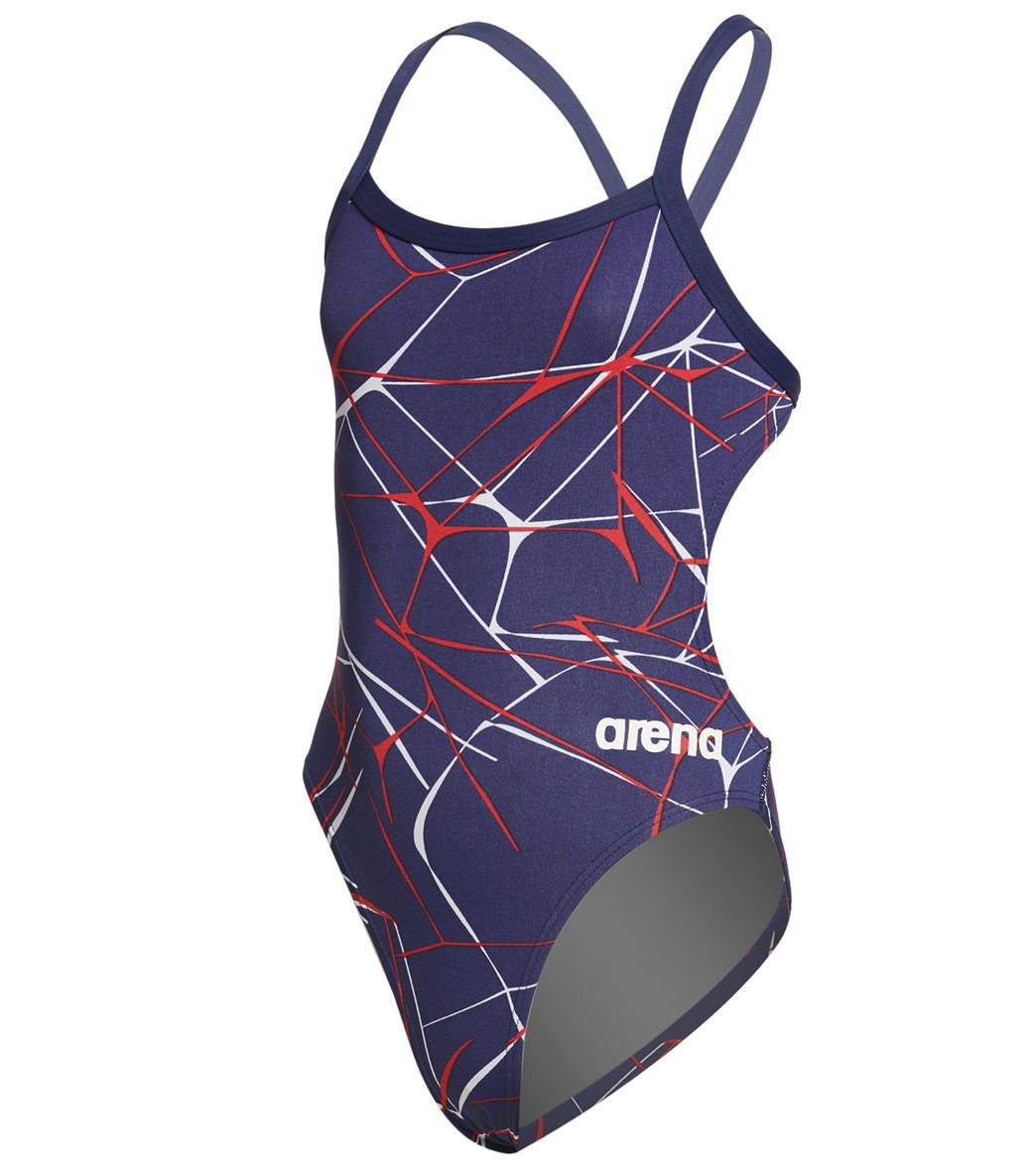 Arena Girls' Water Challenge Maxlife Thin Strap Open Back One Piece Swimsuit - Navy/Red 22 Polyester/Pbt - Swimoutlet.com