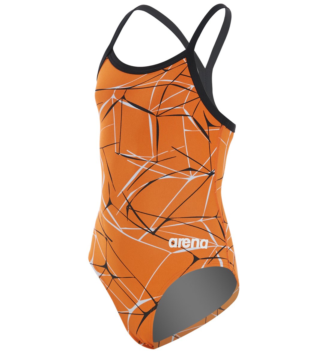 Arena Girls' Water Maxlife Sporty Thin Strap Racer Back One Piece Swimsuit - Orange/Black 22 Polyester/Pbt - Swimoutlet.com
