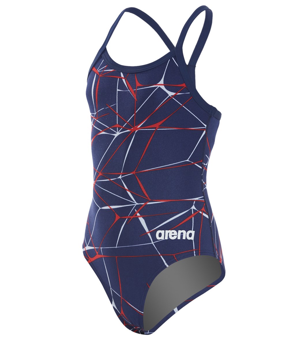 Arena Girls' Water Maxlife Sporty Thin Strap Racer Back One Piece Swimsuit - Navy/Red 22 Polyester/Pbt - Swimoutlet.com