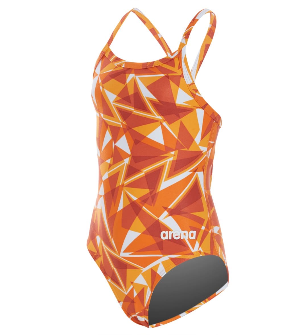 Arena Girls' Shattered Glass Maxlife Sporty Thin Strap Racer Back One Piece Swimsuit - Orange 22 Polyester/Pbt - Swimoutlet.com