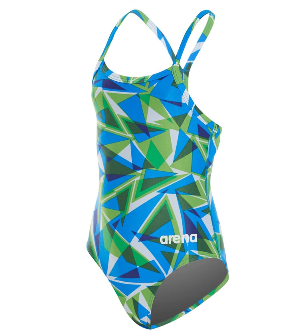 Arena Girls' Shattered Glass Maxlife Sporty Thin Strap Racer Back One Piece Swimsuit - Green/Blue 22 Polyester/Pbt - Swimoutlet.com