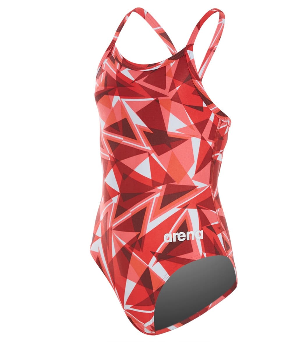 Arena Girls' Shattered Glass Maxlife Sporty Thin Strap Racer Back One Piece Swimsuit - Fluo Red 22 Polyester/Pbt - Swimoutlet.com