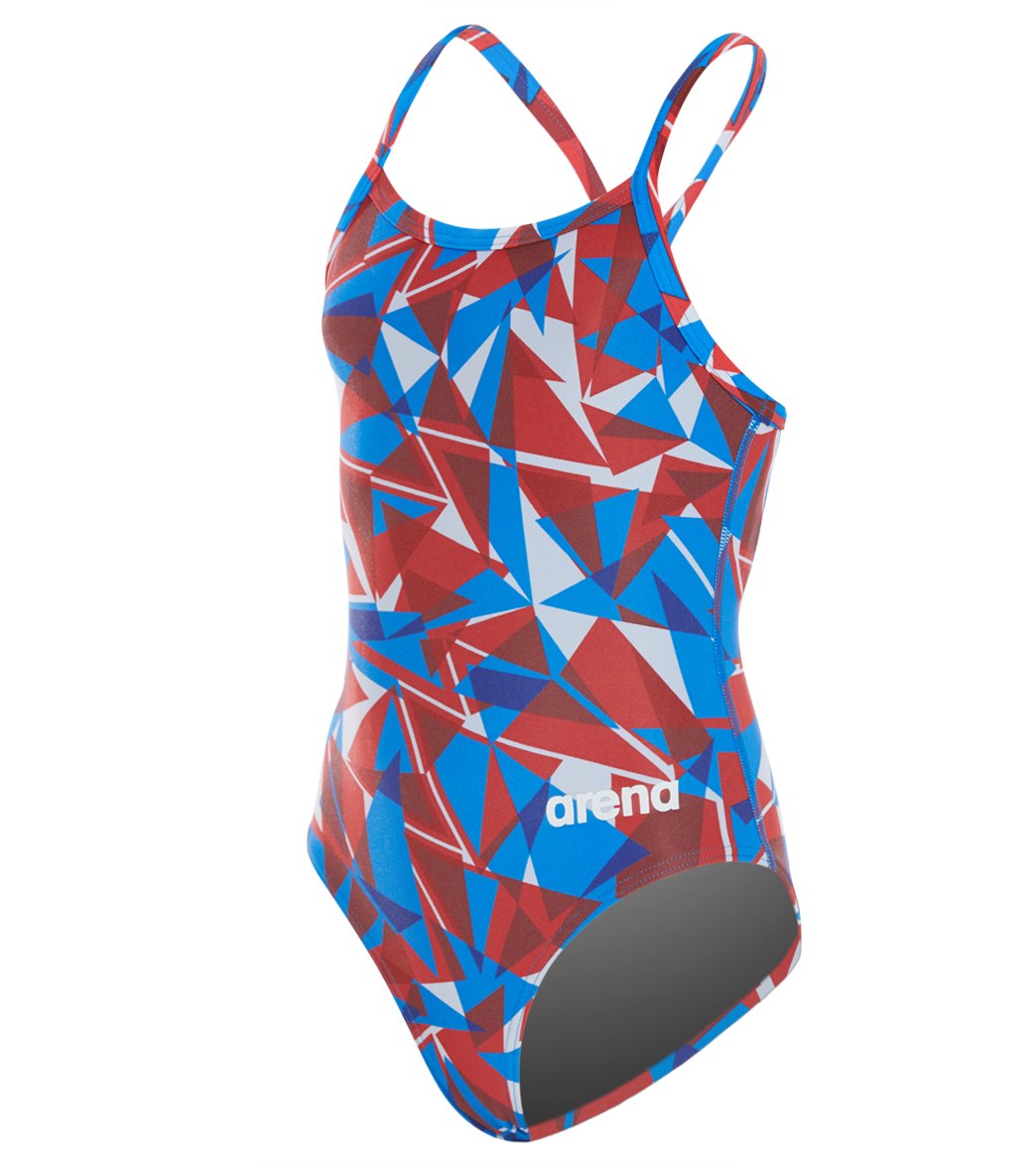 Arena Girls' Shattered Glass Maxlife Sporty Thin Strap Racer Back One Piece Swimsuit - Red/White/Blue 22 Polyester/Pbt - Swimoutlet.com