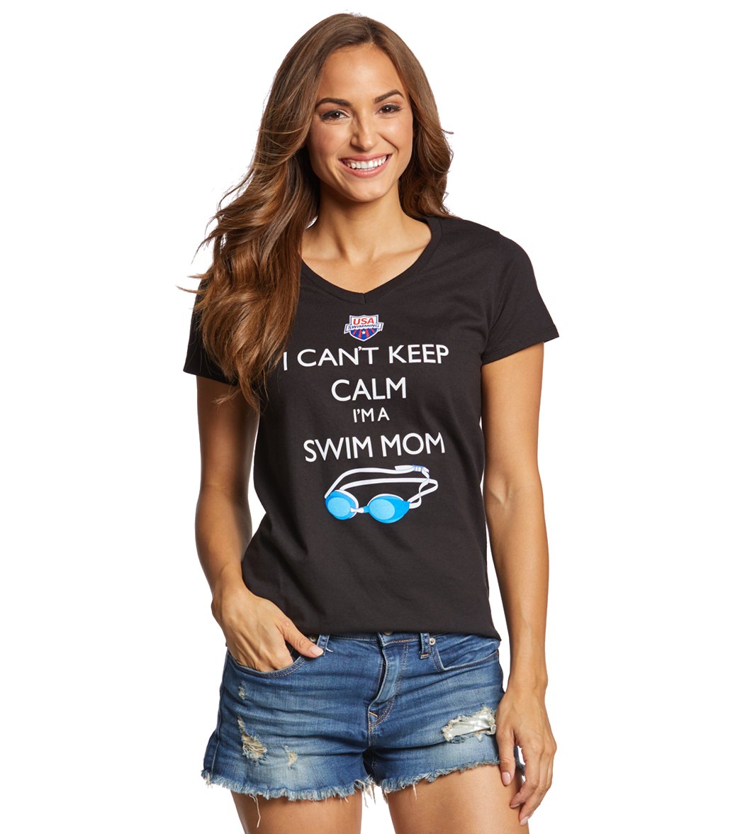 Usa Swimming Women's Can't Keep Calm Swim Mom V-Neck T-Shirt - Black Small Cotton/Polyester - Swimoutlet.com
