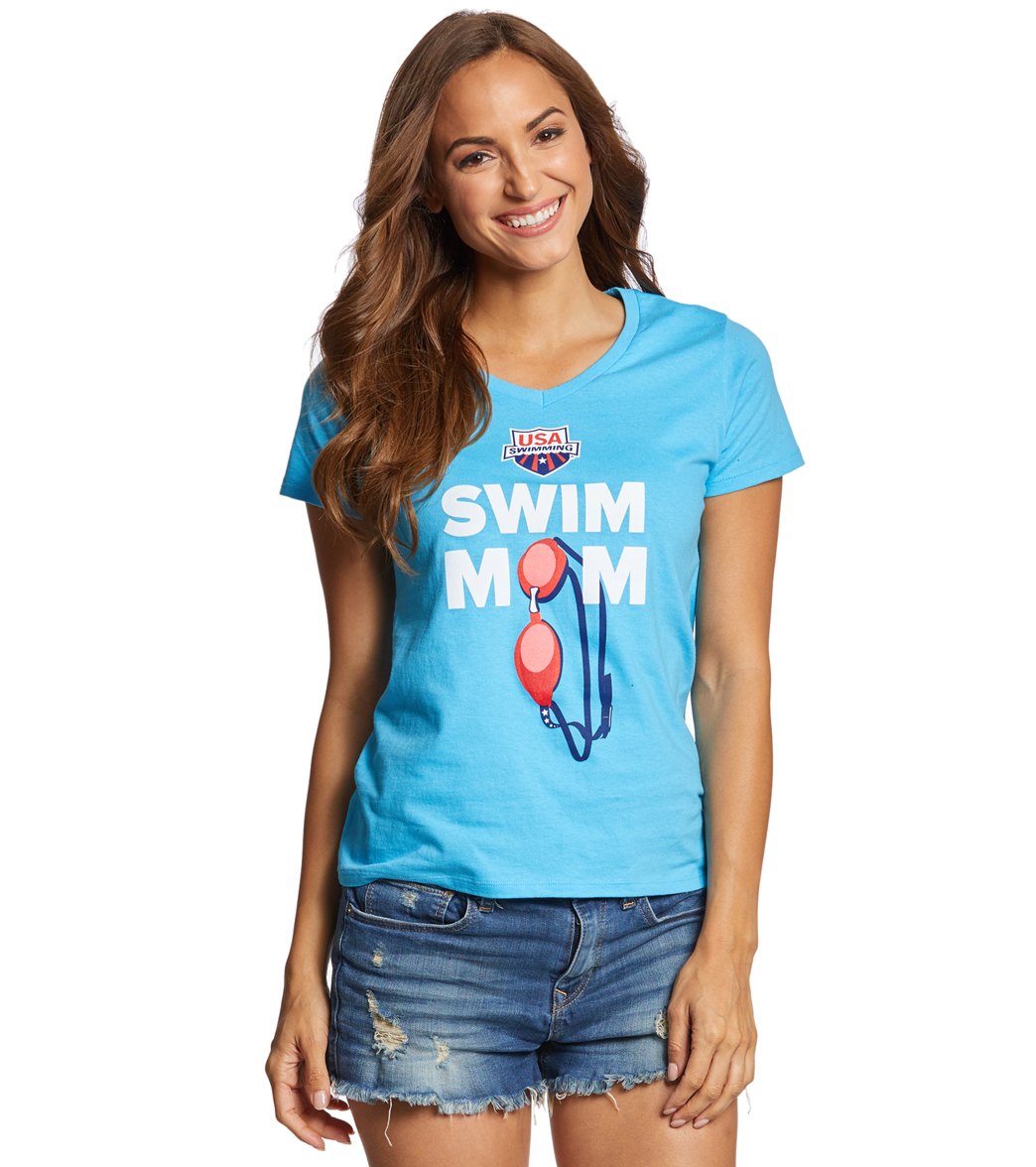 Usa Swimming Women's Swim Mom V-Neck T-Shirt - Aquatic Blue Medium Cotton - Swimoutlet.com