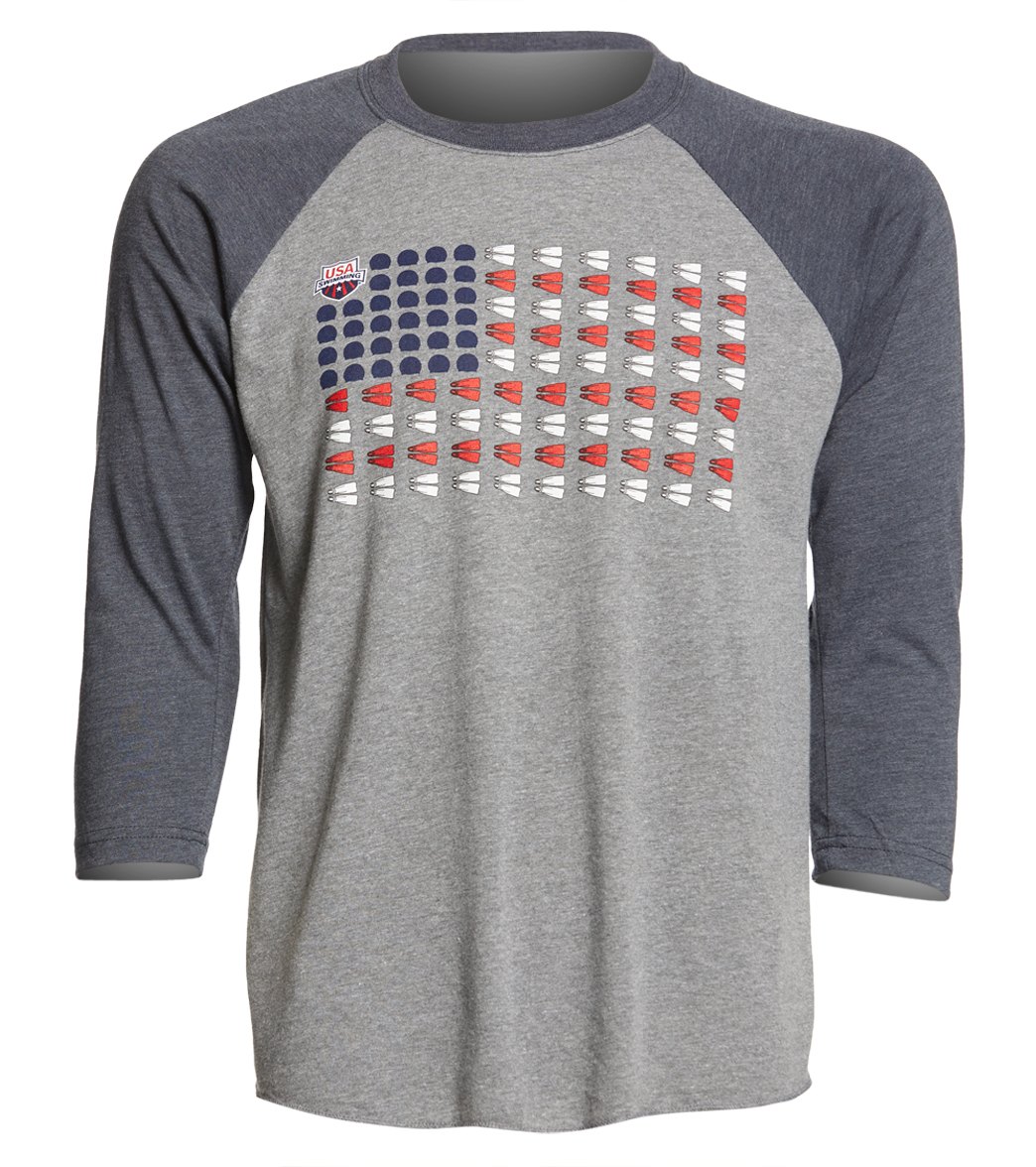Usa Swimming Men's Caps And Fins Raglan T-Shirt - Vintage Navy/Heather Grey X-Small Cotton/Polyester/Rayon - Swimoutlet.com