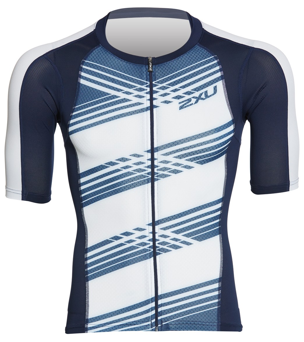 2Xu Men's Compression Sleeved Tri Top - Navy/Navy White Lines Small - Swimoutlet.com