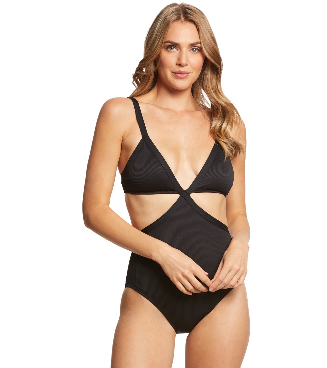 Kate Spade New York Marco Island Plunge V-Neck One Piece Swimsuit - Black X-Small - Swimoutlet.com