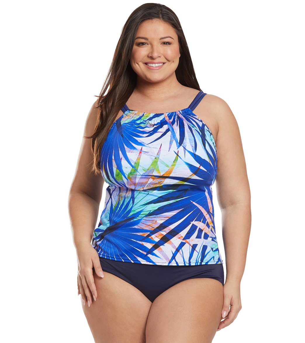 Maxine Plus Size Palm Party High Neck Tankini Top At