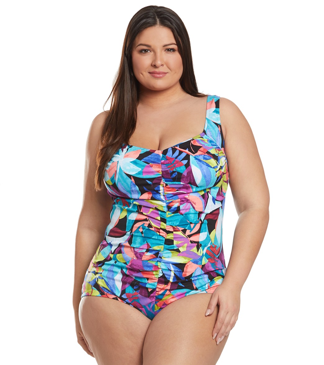 Maxine Plus Size Fiesta Chlorine Resistant Shirred Girl Leg One Piece Swimsuit At 4459