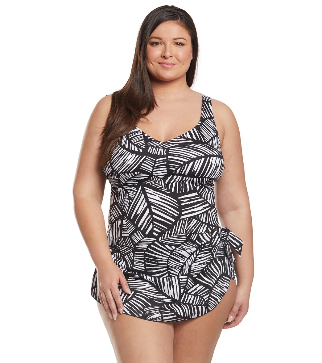 Maxine Plus Size Palm Chlorine Resistant Wide Strap Sarong One Piece ...