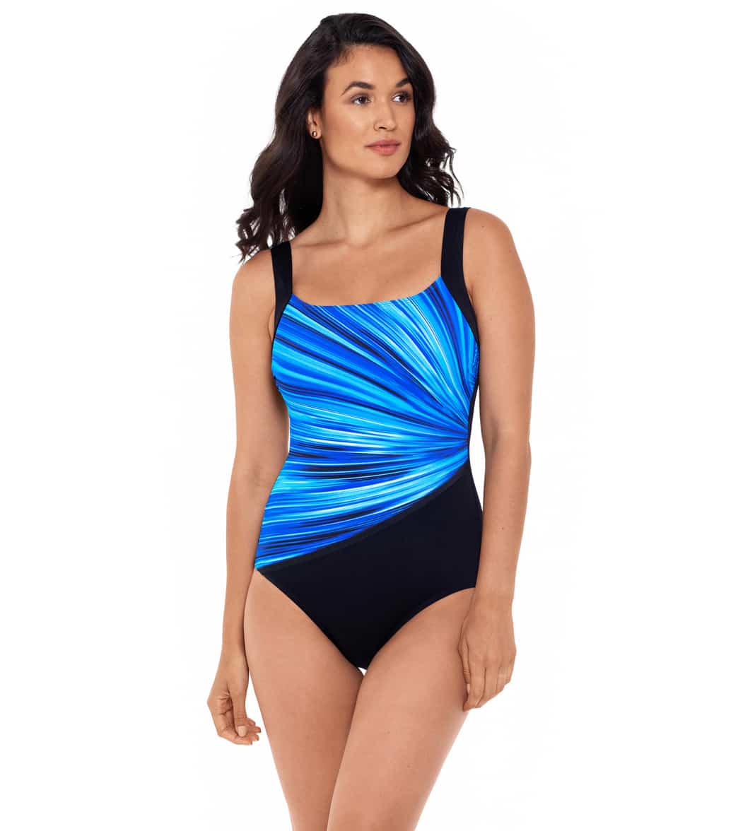 Reebok Women's Radiant Energy Chlorine Resistant One Piece Swimsuit - Blue/Black 12 - Swimoutlet.com