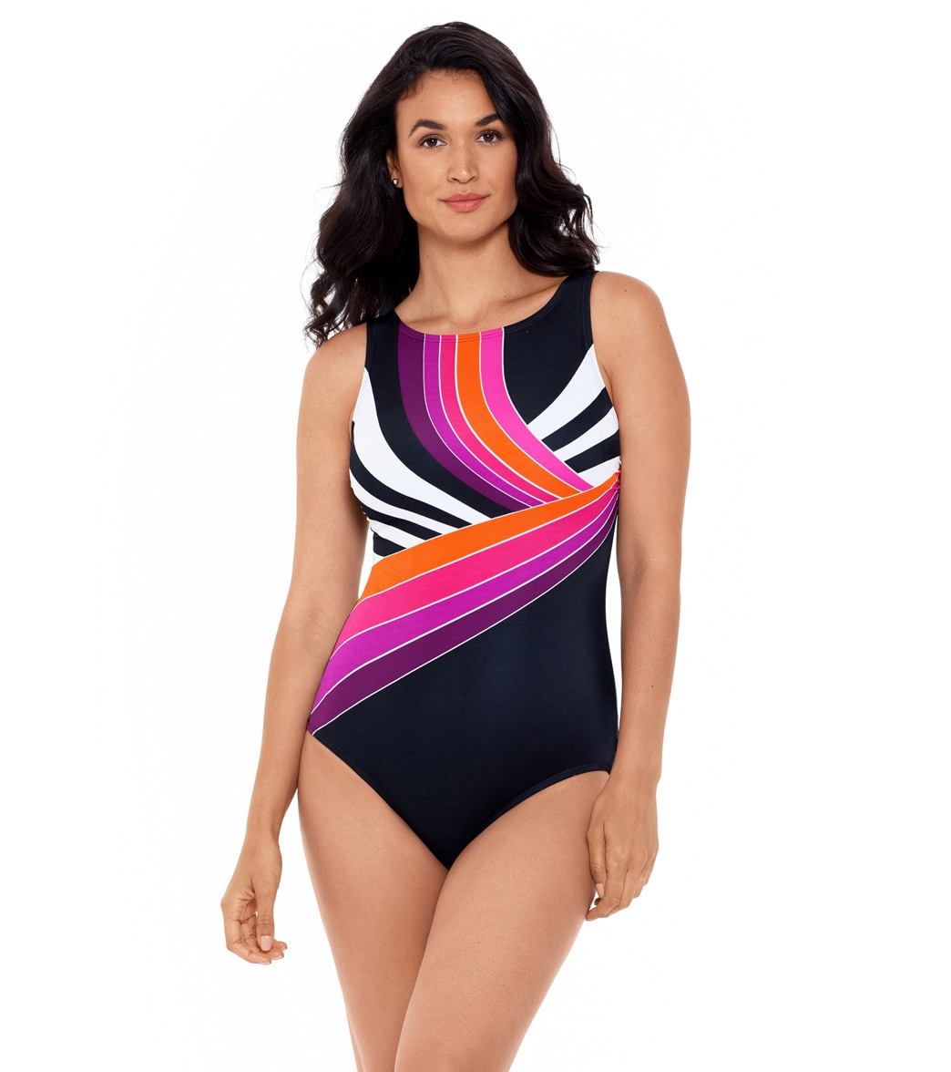 Reebok Womens Retro Lines High Neck Chlorine Resistant One Piece Swimsuit At 3986