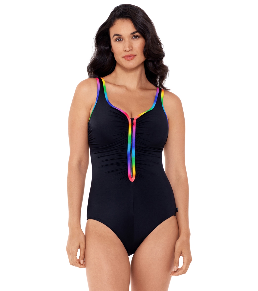 Reebok Women's Sunglow Zip Front Chlorine Resistant One Piece Swimsuit - Multi 18 - Swimoutlet.com