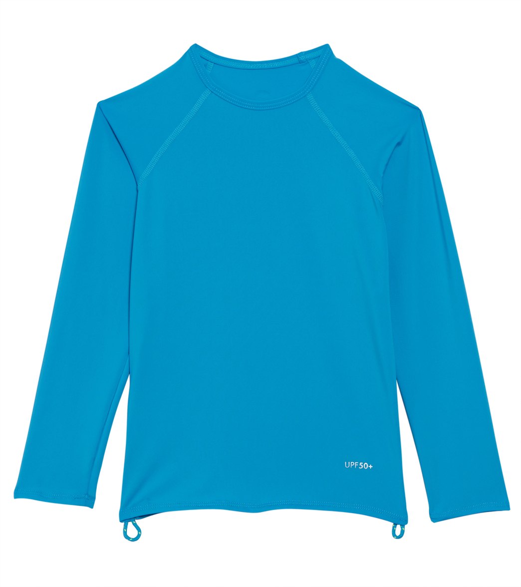 TYR Girls' Solid Belize Long Sleeve Shirt Rashguard - Turquoise Medium 7/8 Polyester/Spandex - Swimoutlet.com