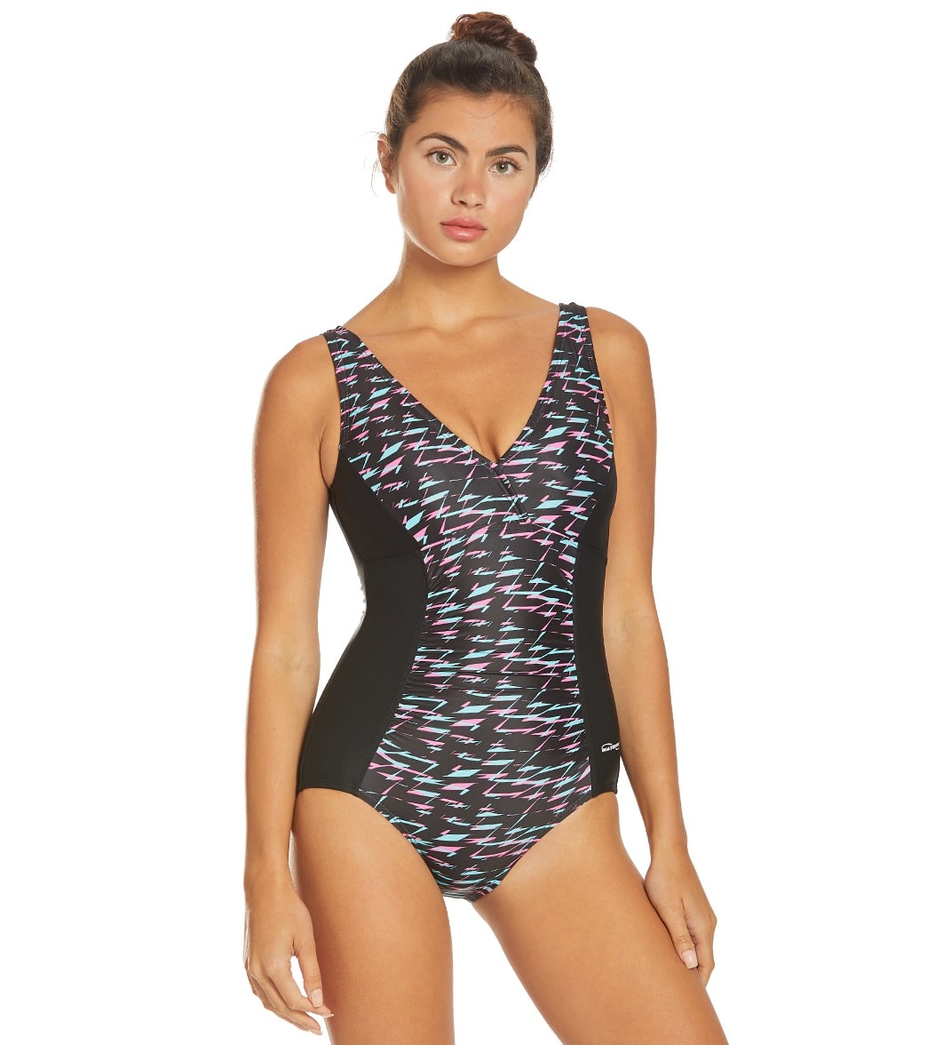 Waterpro Women's Geo V-Neck One Piece Swimsuit - Multi 8 Polyester/Spandex - Swimoutlet.com