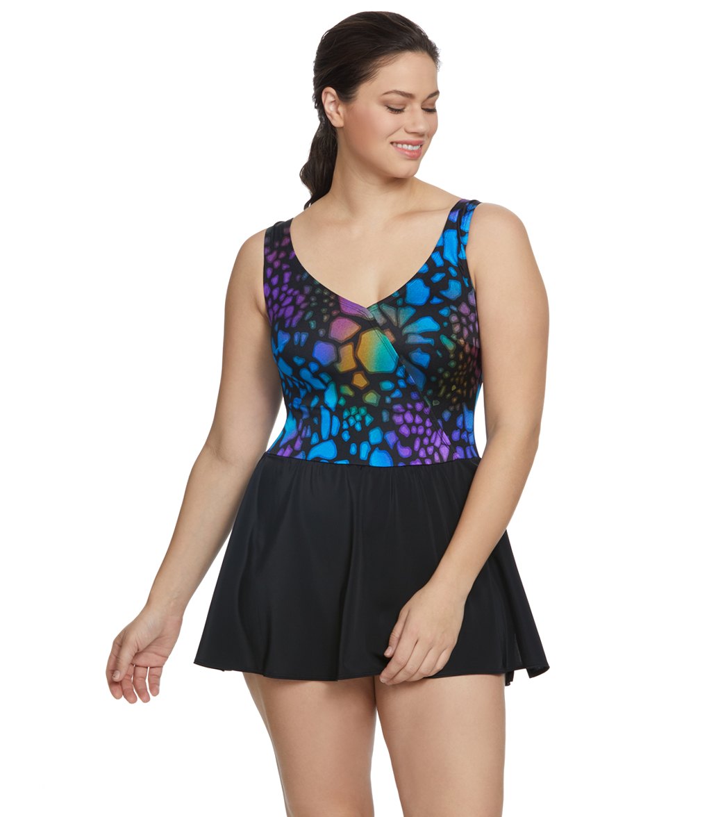 Longitude Plus Size Leaping Lizard Surplice Swim Dress at SwimOutlet