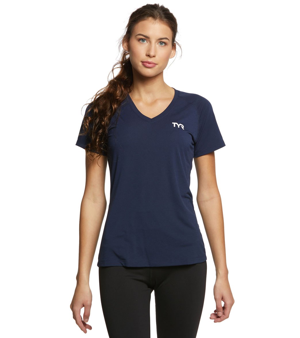 TYR Women's Alliance Tech Tee Shirt - Navy Large Polyester/Spandex - Swimoutlet.com