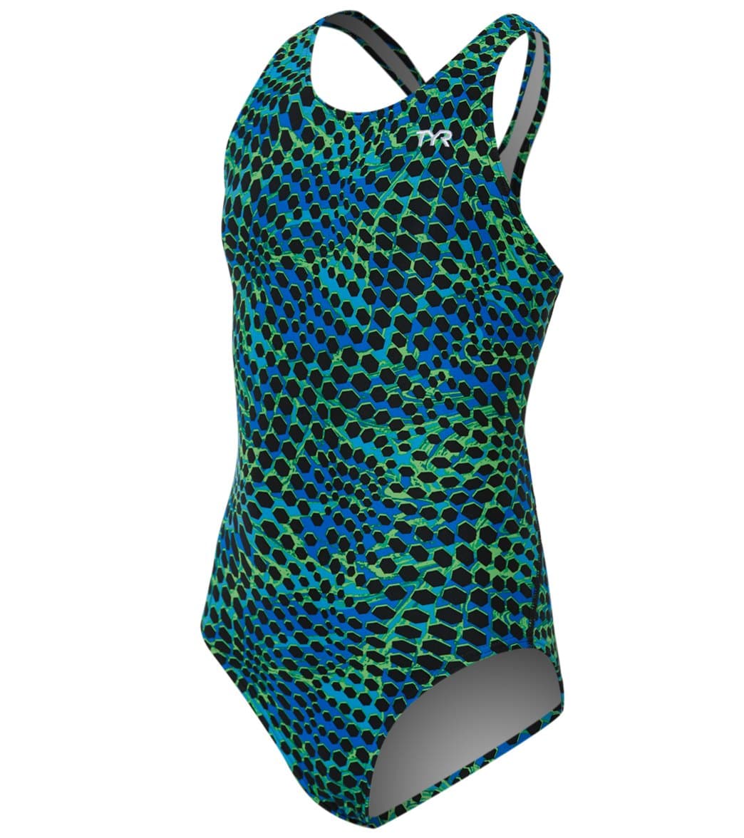 TYR Girls' Swarm Maxfit One Piece Swimsuit - Blue/Green 22 - Swimoutlet.com