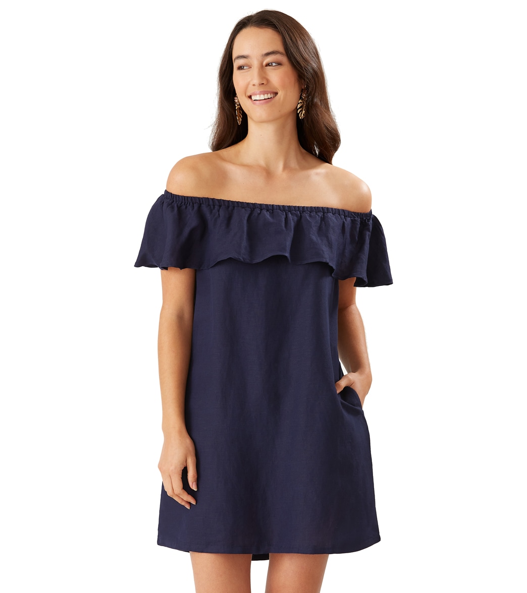 Tommy Bahama Women's St Lucia Off The Shoulder Cover Up Dress - Mare Navy Large - Swimoutlet.com