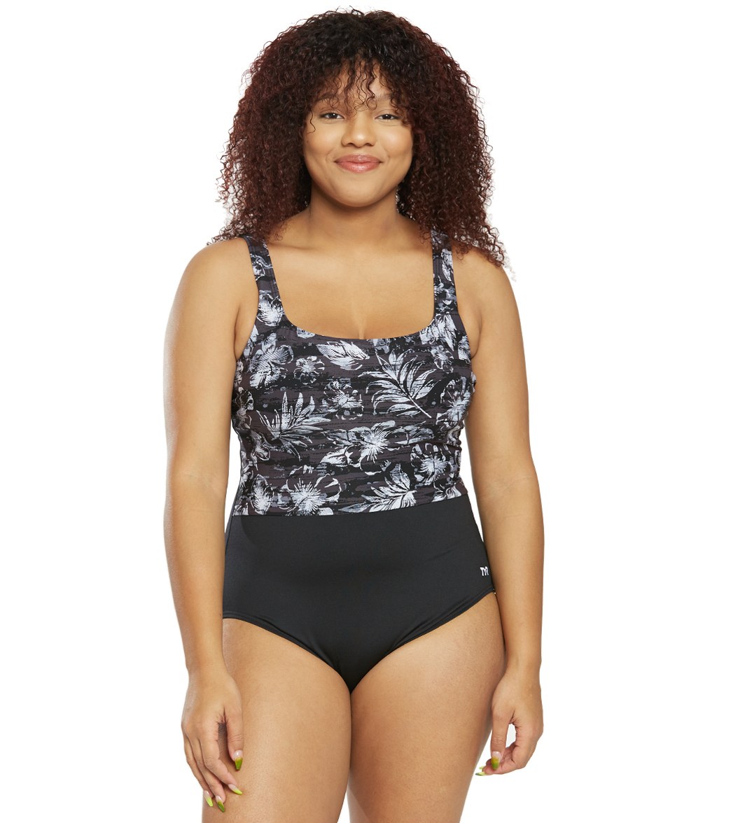 TYR Women's Plus Size Boca Scoop Neck Controlfit Chlorine Resistant One Piece Swimsuit - Black/Gray 18W Polyester/Spandex - Swimoutlet.com