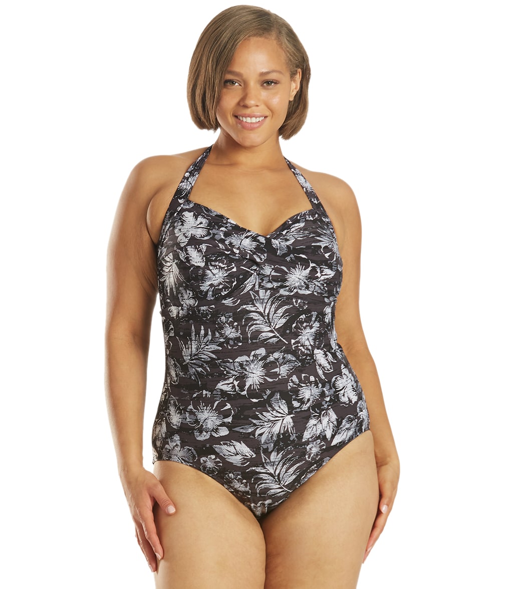 TYR Women's Plus Size Boca Twisted Bra Controlfit Chlorine Resistant One Piece Swimsuit - Black/Gray 18W Polyester/Spandex - Swimoutlet.com