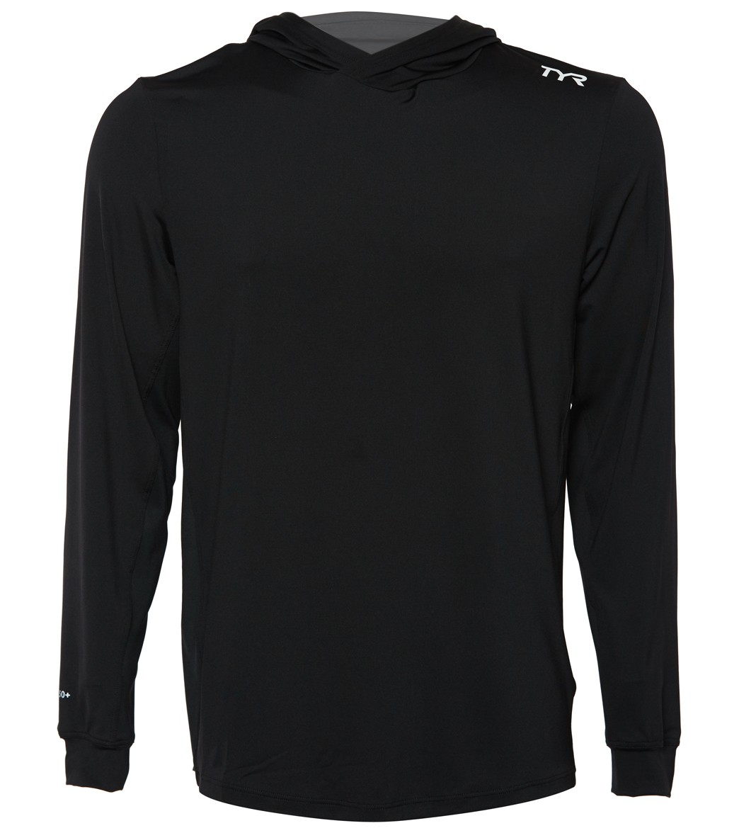 TYR Men's Long Sleeve Solid Hoodie Rashguard Shirt - Black Large Size Large - Swimoutlet.com