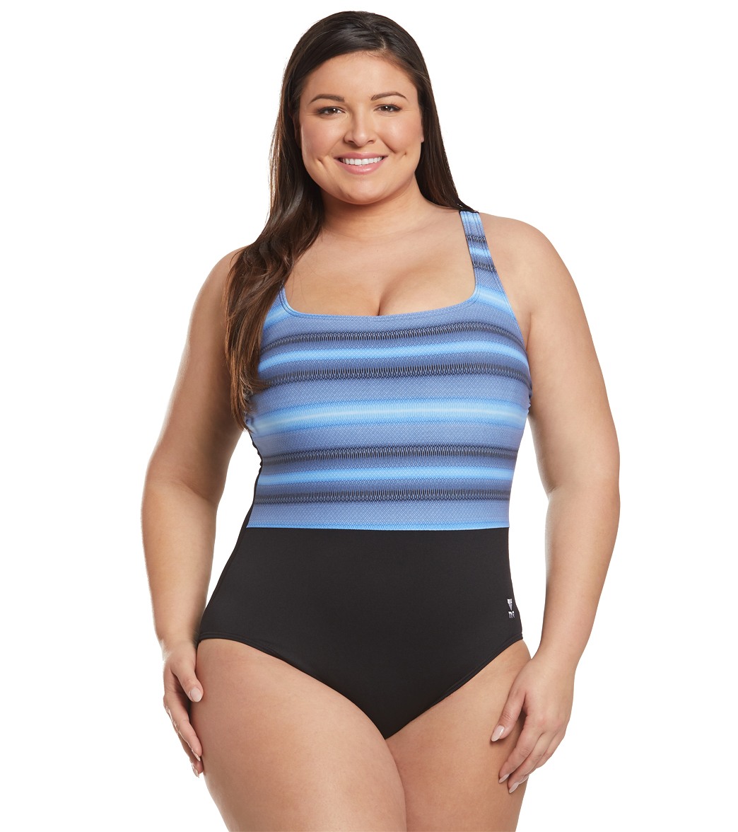 TYR Women's Plus Size Byron Bay Scoop Neck Controlfit One Piece Swimsuit - Black/Gray 16W Polyester/Spandex - Swimoutlet.com