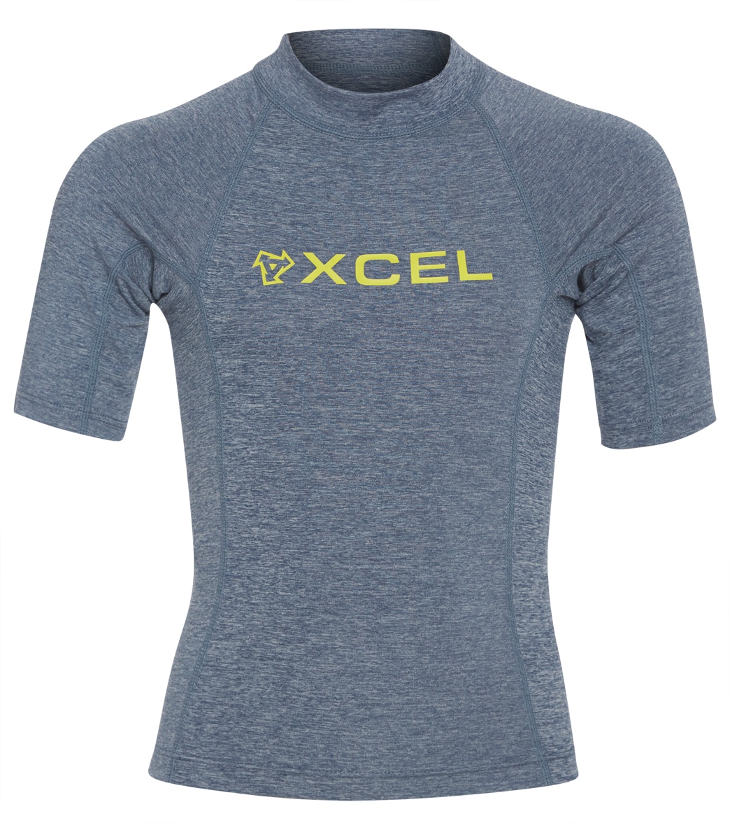 Xcel Boys' Premium Stretch Short Sleeve Rash Guard Shirt - Heathered Cascade Blue 10 Big - Swimoutlet.com
