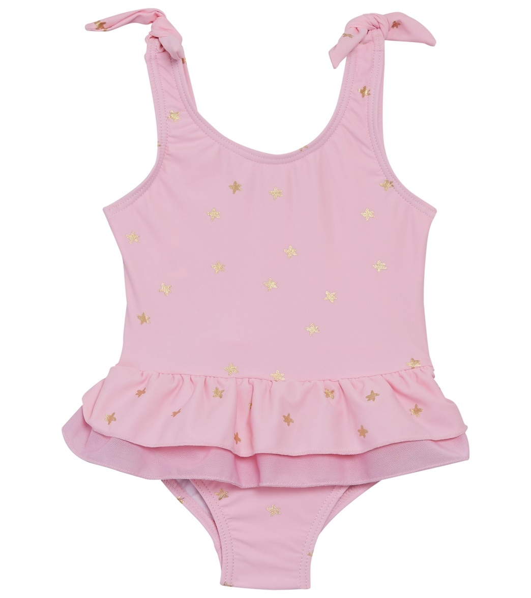 Snapper Rock Girls' Pink Gold Star Frill Skirt Swimsuit Baby - 6-12 Months Polyamide/Elastane - Swimoutlet.com
