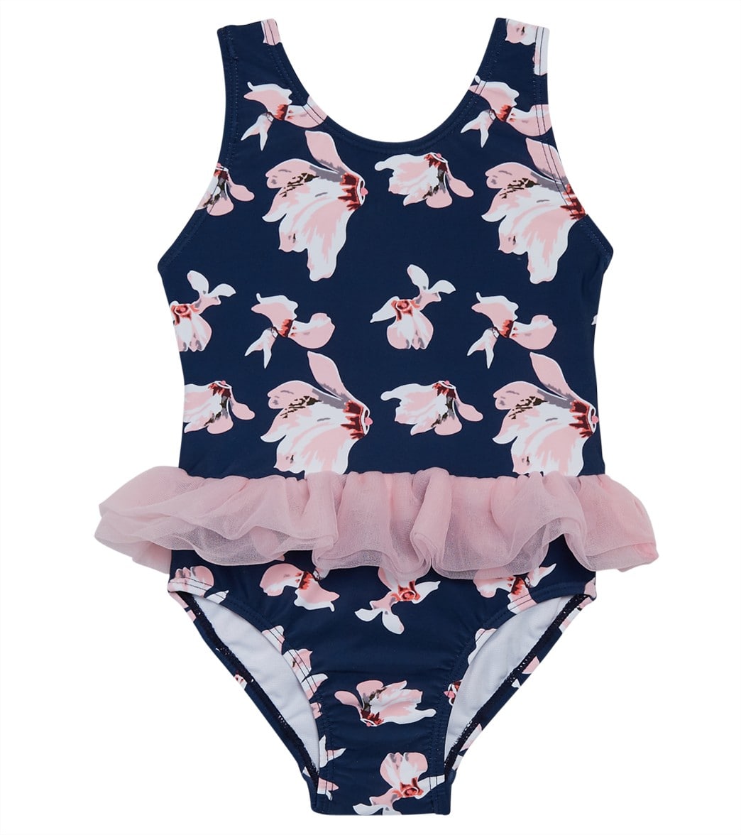Snapper Rock Girls' Navy Orchid Tulle Skirt One Piece Swimsuit Baby - 18-24 Months Nylon/Spandex - Swimoutlet.com