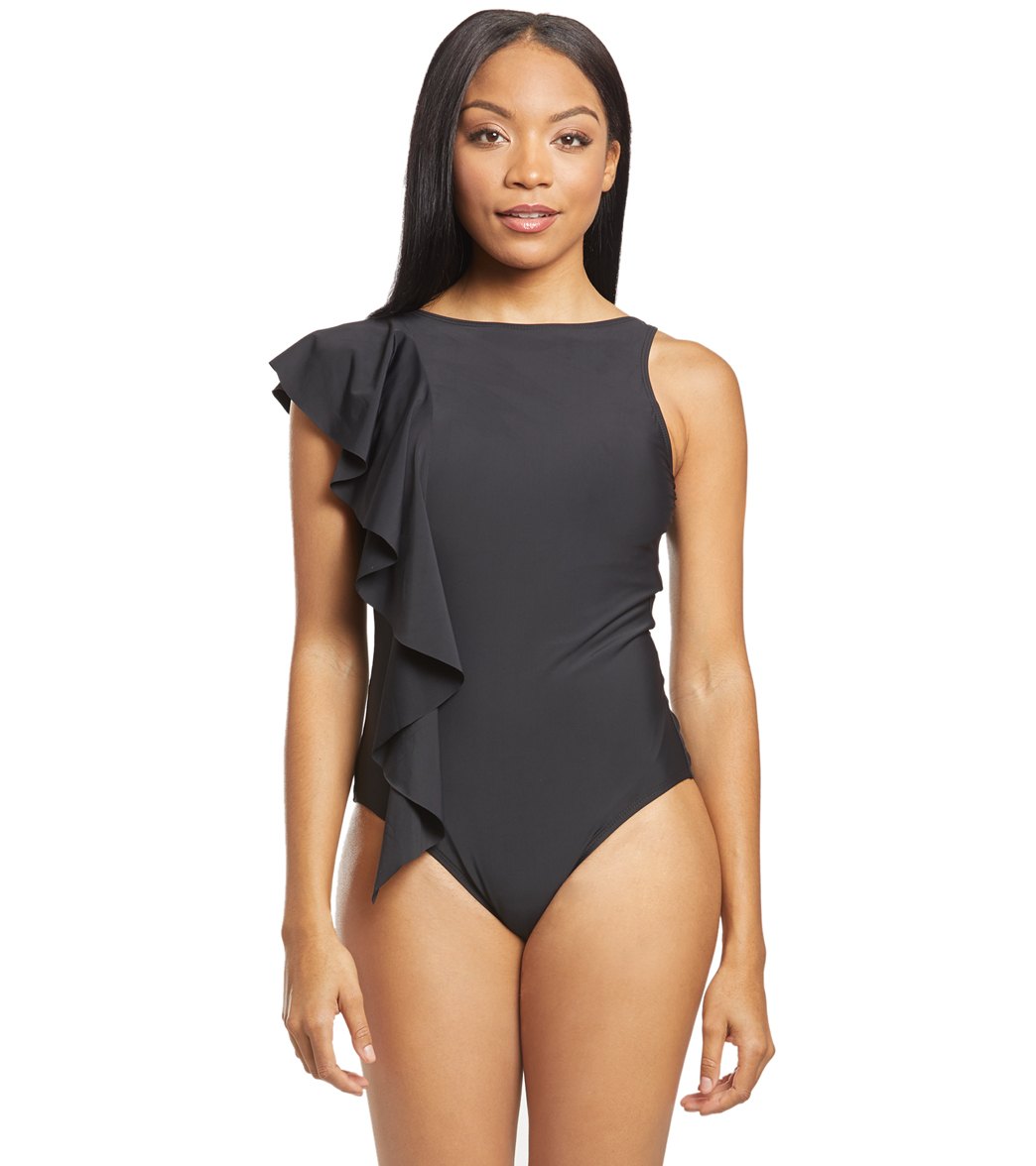 Athena Samba Solids Ruffle One Piece Swimsuit - Black 6 - Swimoutlet.com