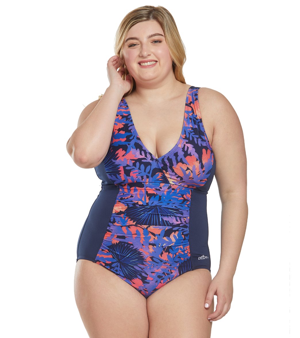 Dolfin Women's Plus Size Aquashape Isla V-Neck Front Panel One Piece Chlorine Resistant Swimsuit - 18 - Swimoutlet.com