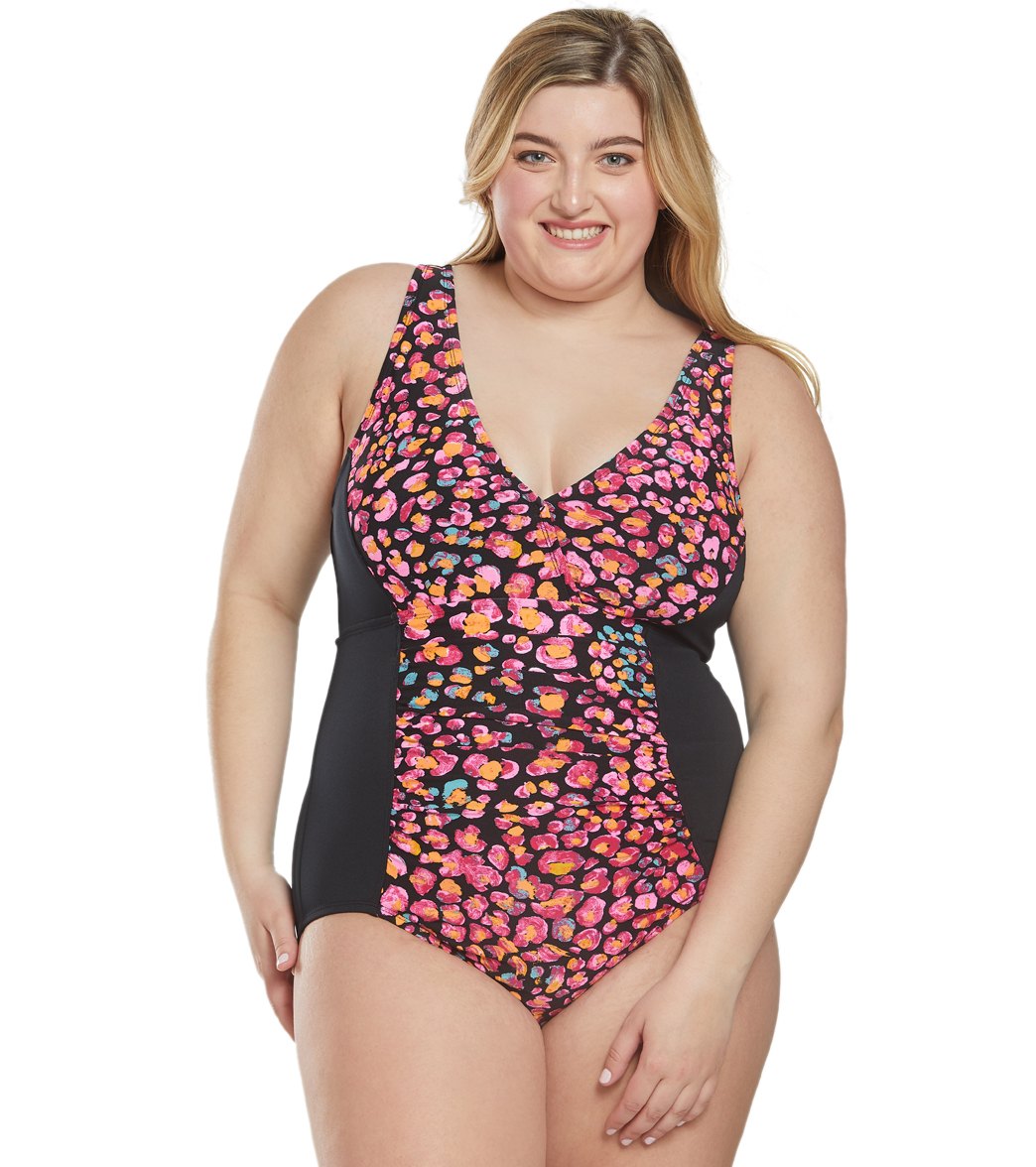 Dolfin Women's Plus Size Aquashape Print V-Neck Front Panel Chlorine Resistant One Piece Swimsuit - Jag 18 - Swimoutlet.com