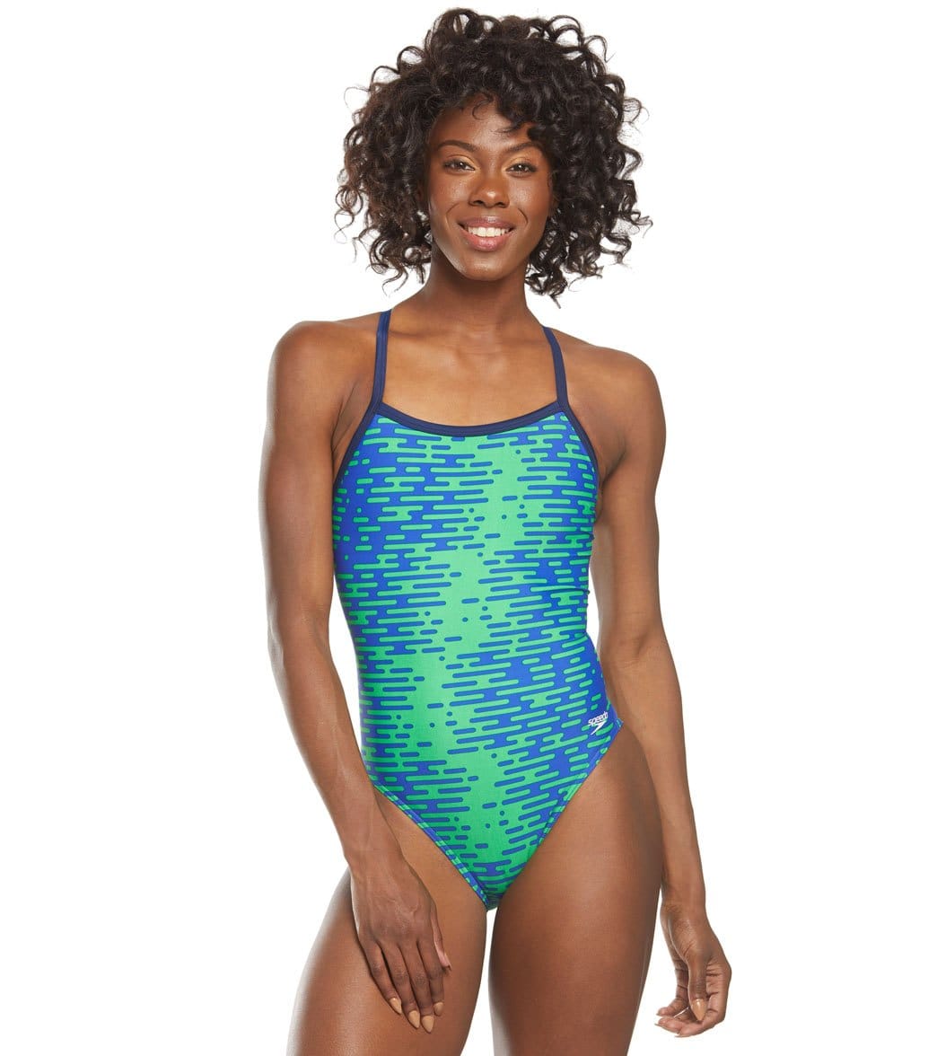 Speedo Women's Pro Lt Modern Matrix Fly Back One Piece Swimsuit - Blue/Green 20 Polyester/Spandex - Swimoutlet.com