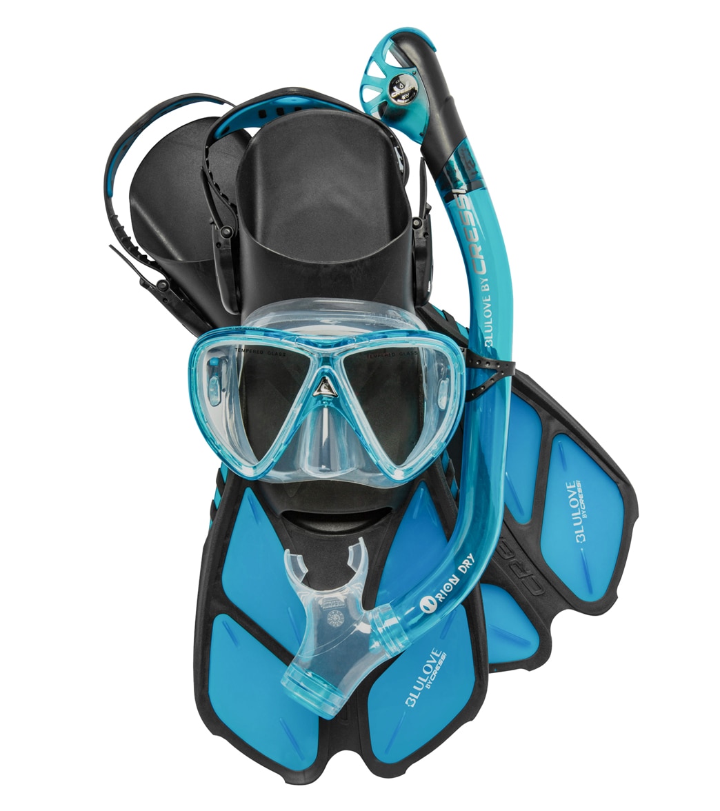 Cressi Ikarius Mask Orion Dry Snorkel And Bonete Pro Fin Set - Aqua L/Xl - Swimoutlet.com
