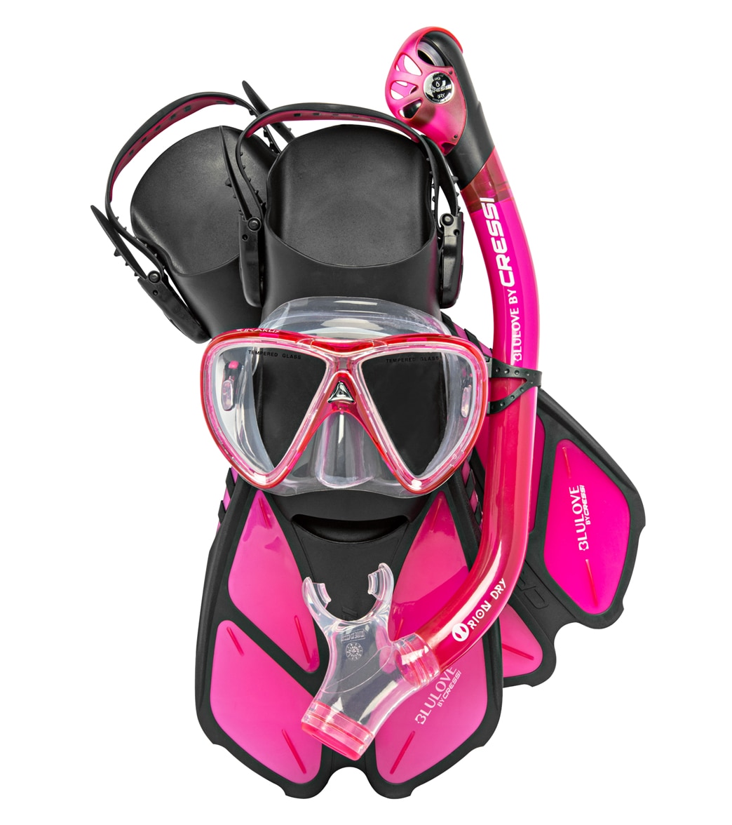 Cressi Ikarius Mask Orion Dry Snorkel And Bonete Pro Fin Set - Pink L/Xl - Swimoutlet.com