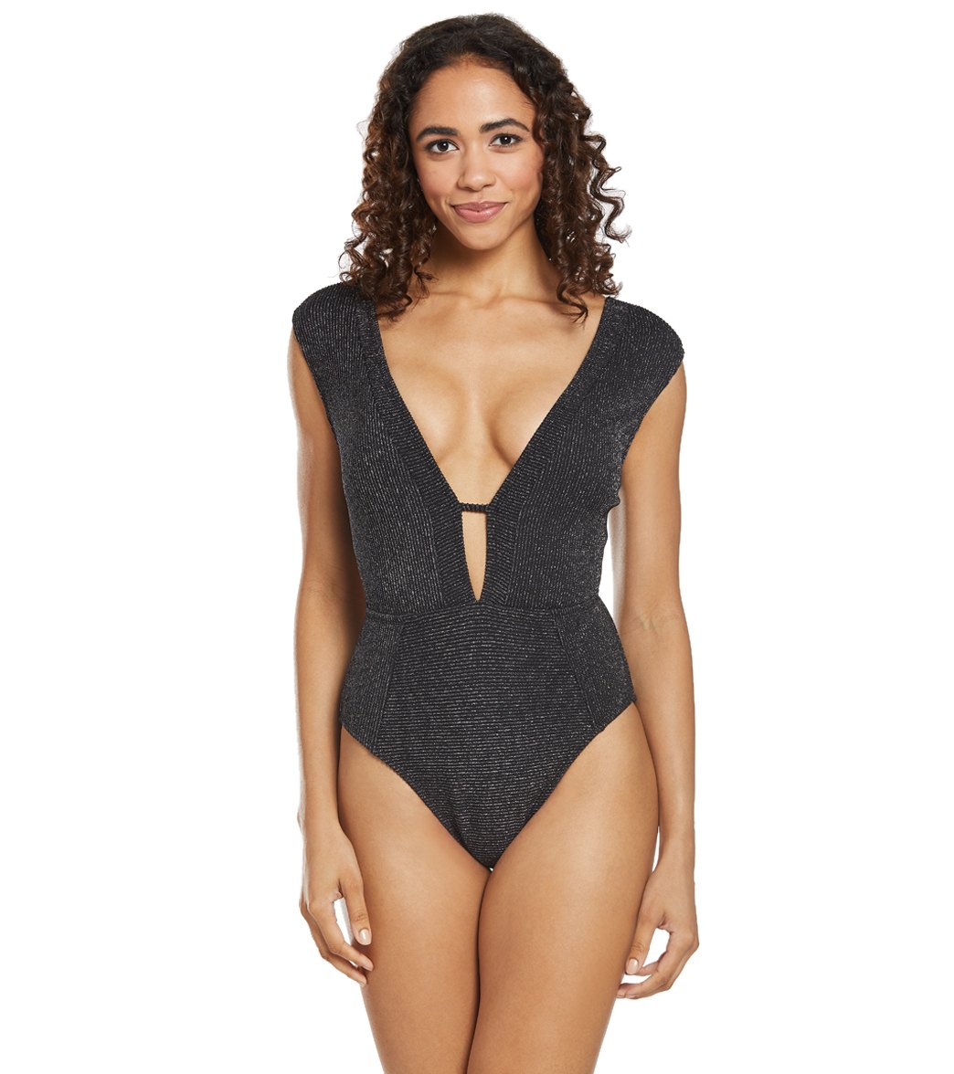 Kenneth Cole Luxury Rib Plunge One Piece Swimsuit - Black Large - Swimoutlet.com